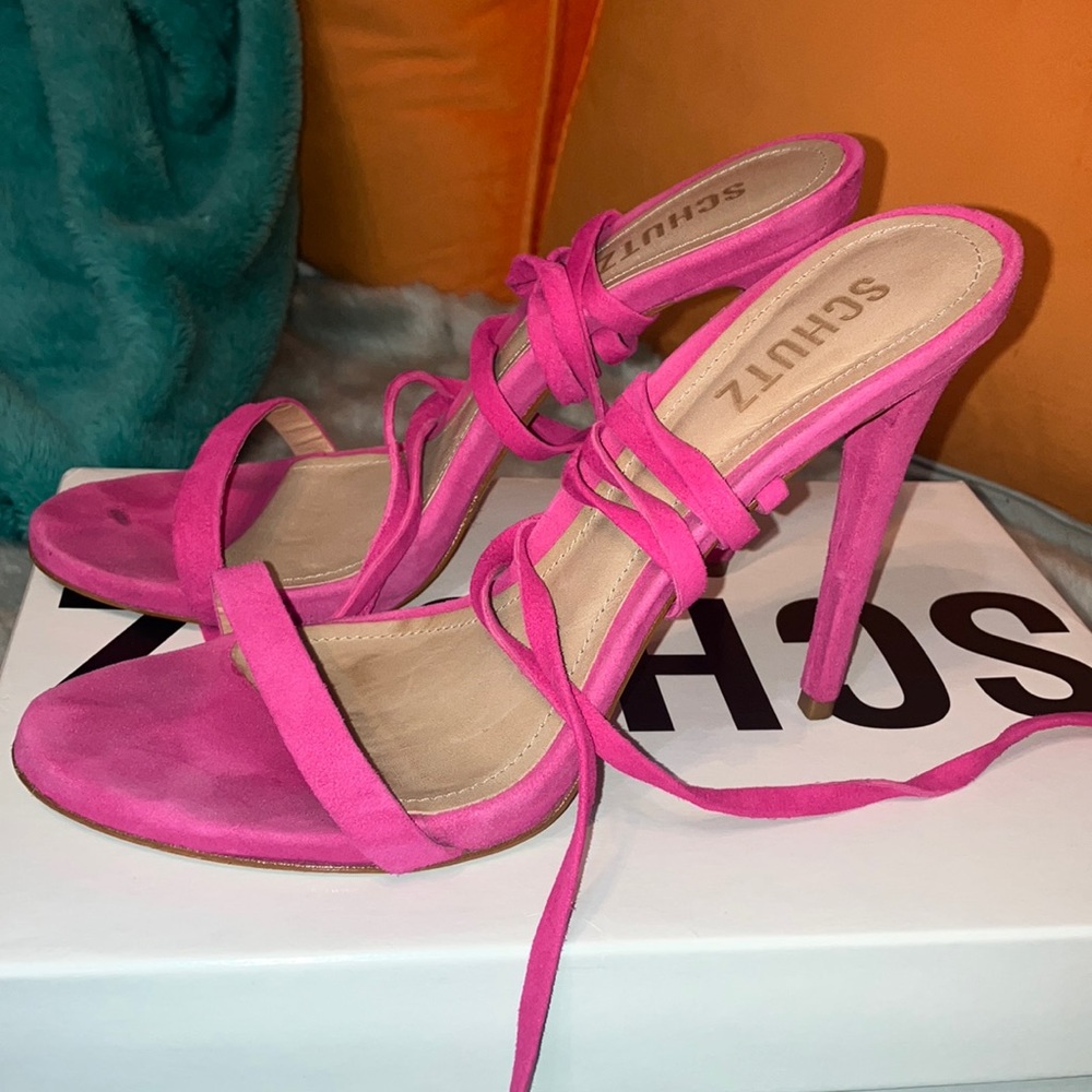 Schutz pink suede stiletto wrap sandal sz 9